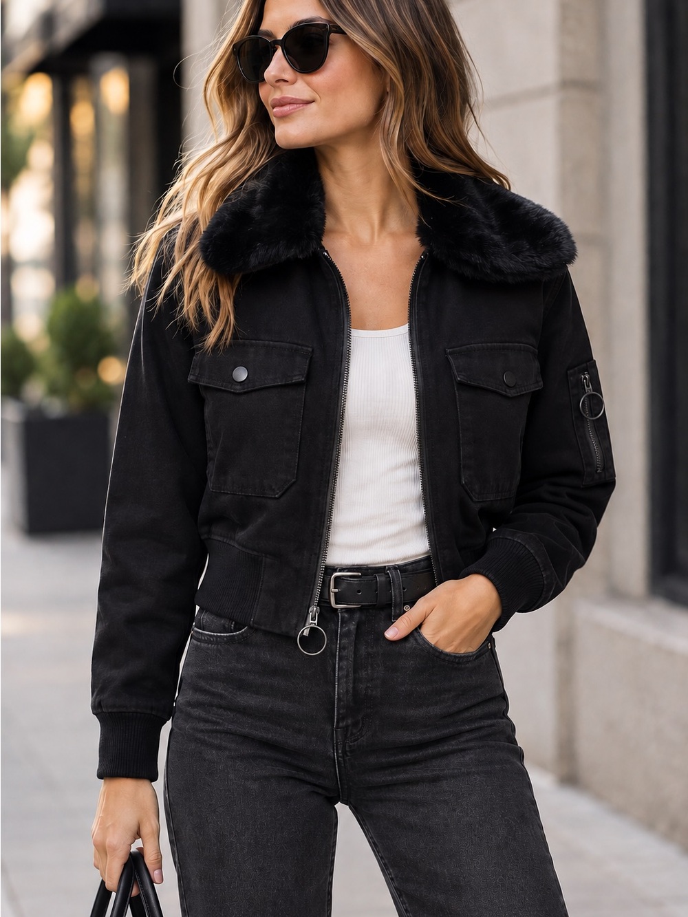 All Saints Black Bomber Jean Jacket with Faux Fur Lining & Collar XS North Denim